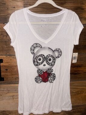 Guess White V-Neck Panda Tee with Red Heart Accent